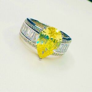 Elegant Yellow Sapphire 18K White Gold  Gemstone Ring w/Simulated Stones
